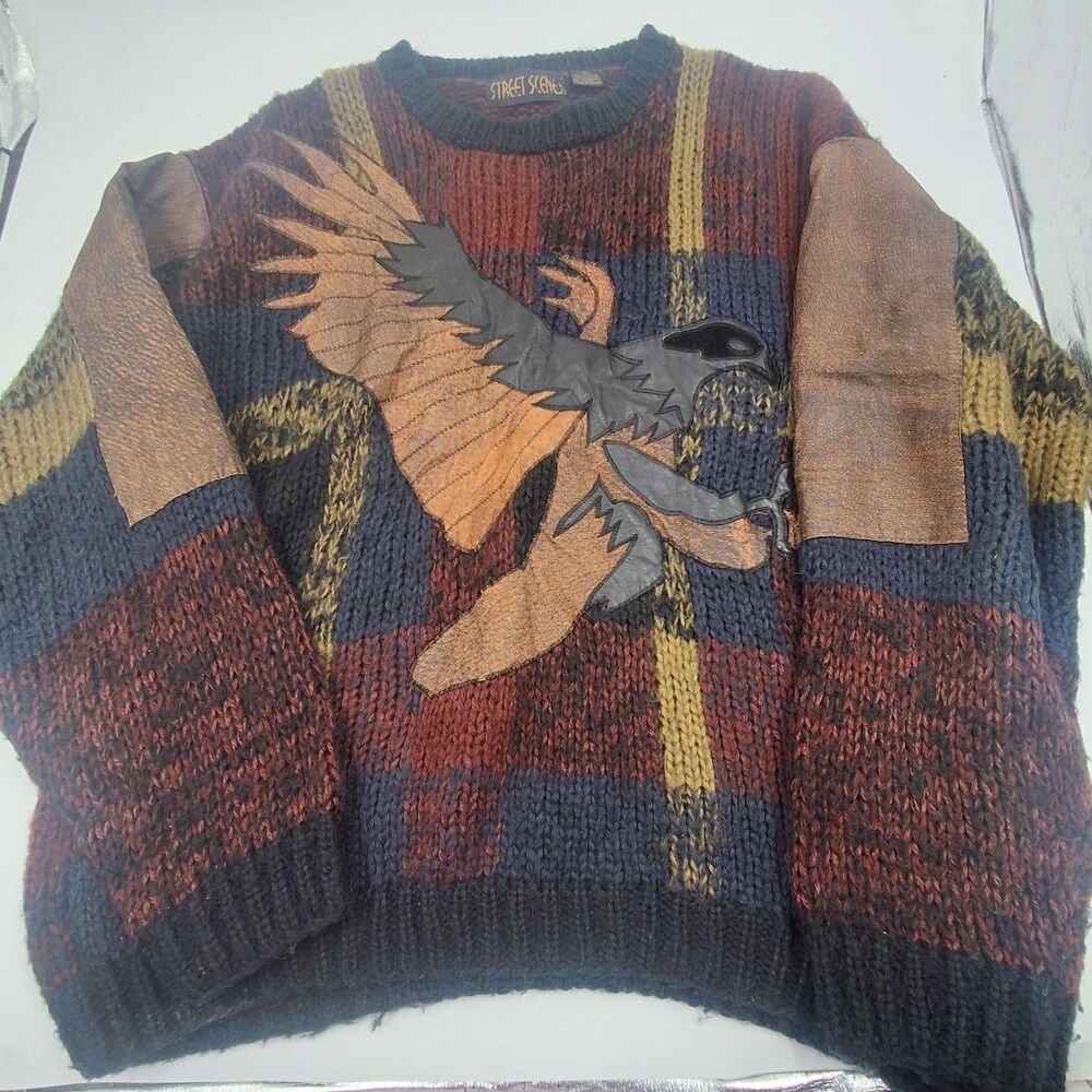 Vintage Street Scenes Sweater Men Size XL Eagle Leather Patch Chunky Knit